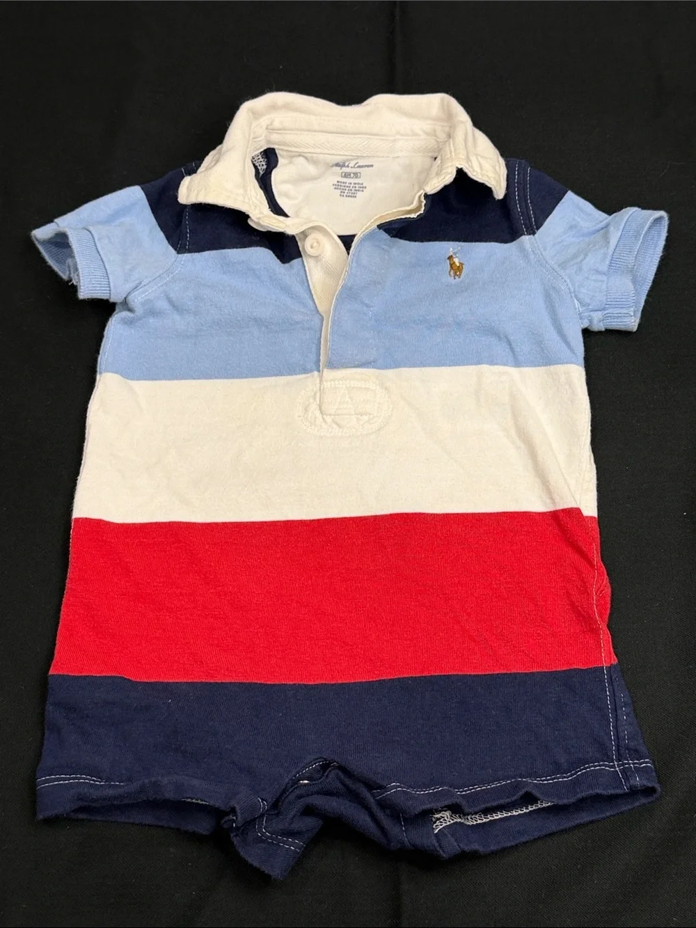 RALPH LAUREN RUGBY STRIPED 100% COTTON COLLARED ROMPER SIZE 6 MONTHS
